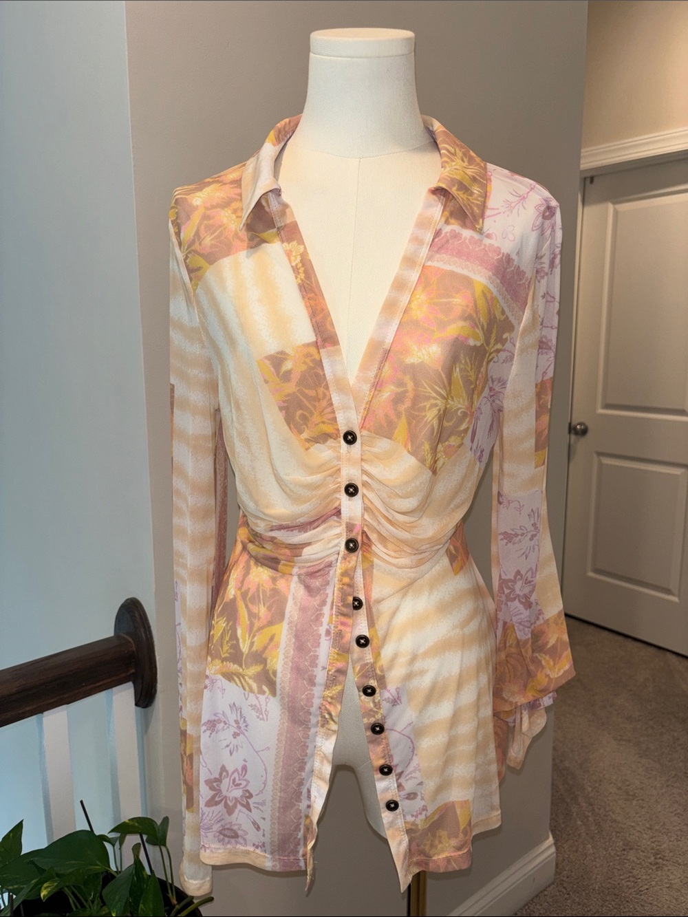 Free People Peach and Cream Floral Ruched Button-Front Blouse